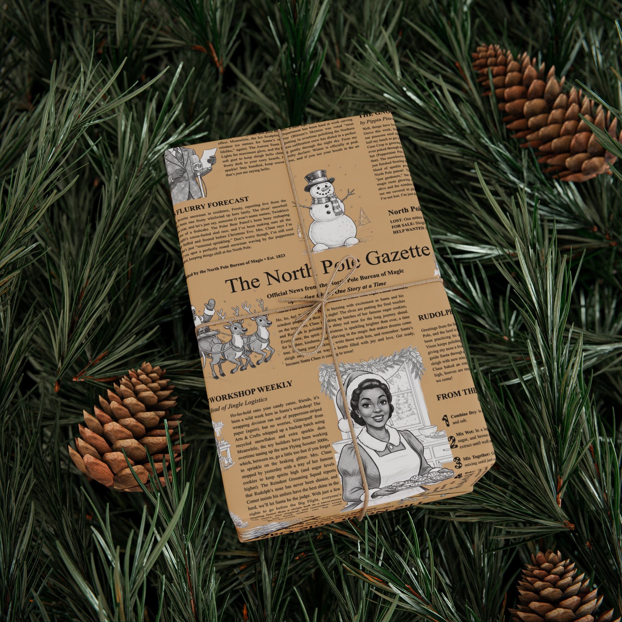 The North Pole Gazette – African American Christmas Wrapping Paper - Vintage Newspaper - Holiday Craft Paper