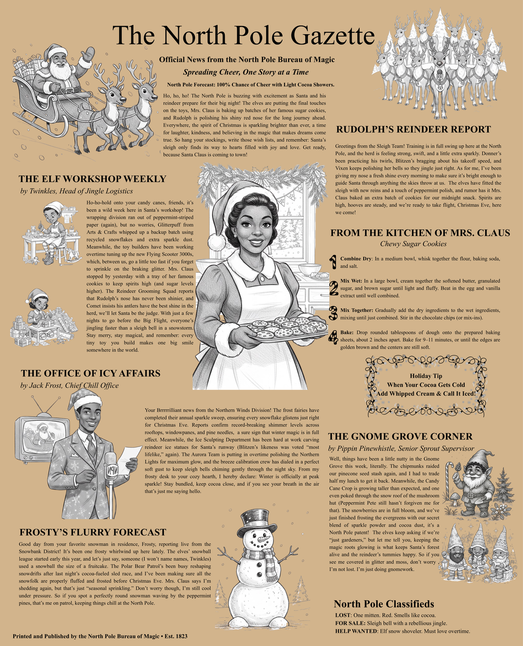 The North Pole Gazette – African American Christmas Wrapping Paper - Vintage Newspaper - Holiday Craft Paper
