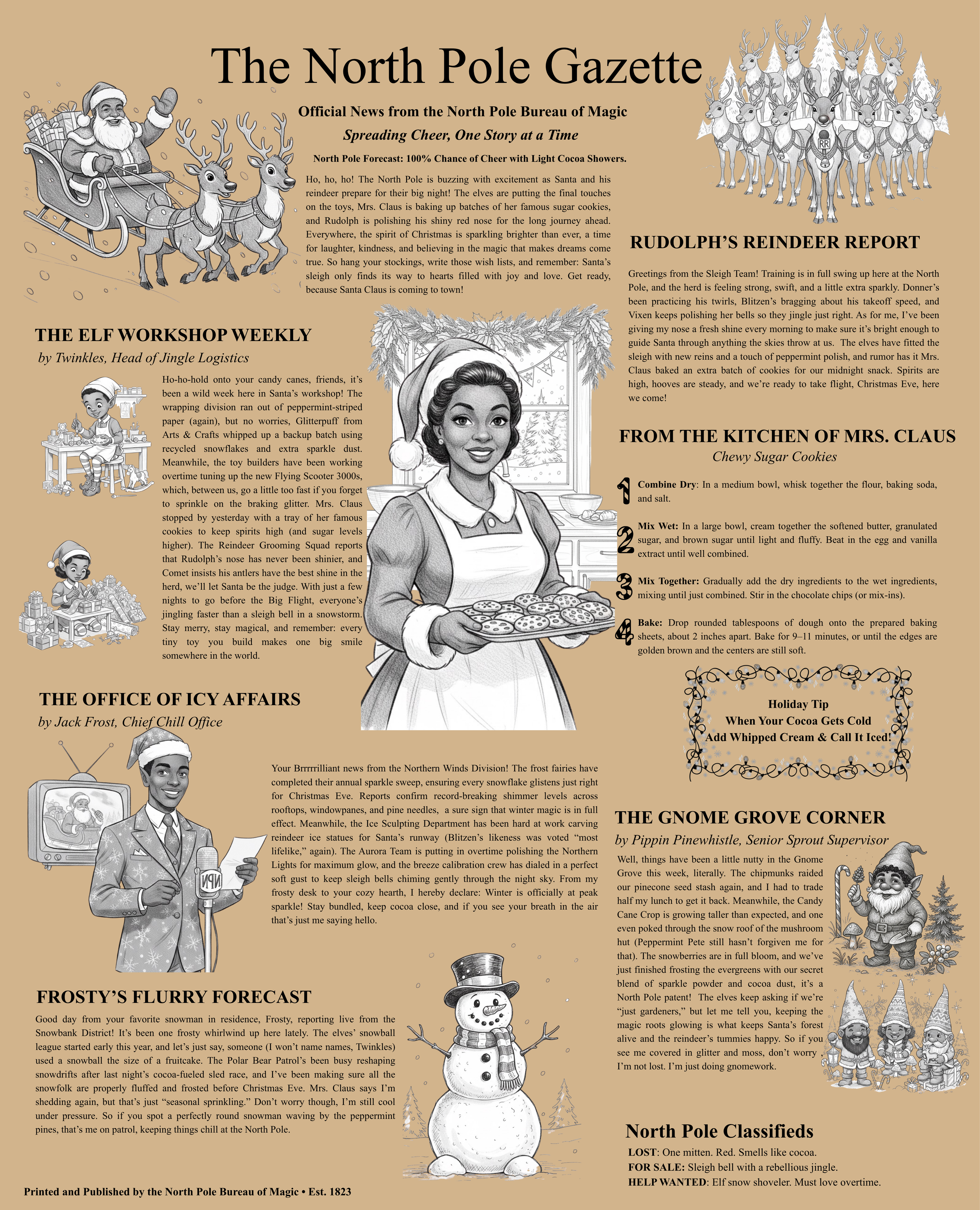 The North Pole Gazette – African American Christmas Wrapping Paper - Vintage Newspaper - Holiday Craft Paper